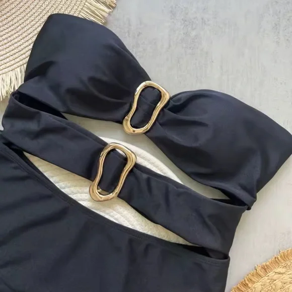 NWT - Swimsuit Body Cutout Bandeau Gold Accents Adjustable Straps - Luxury Style - Picture 6 of 7